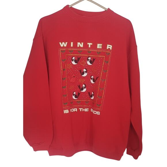 Vintage 90s Red Manhattan Plaza "Winter is for the Birds" Sweatshirt, Size Large - Picture 3 of 6